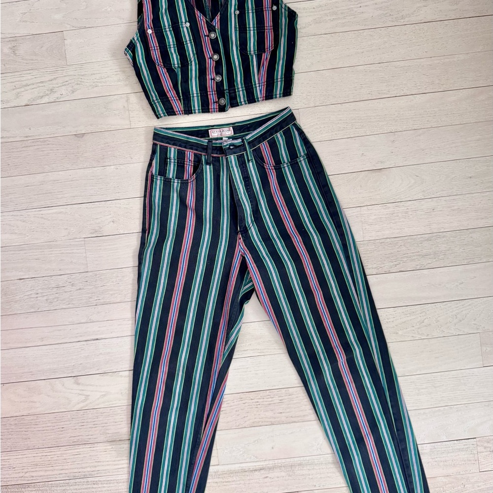 Vintage GUESS 90s Striped Matching Set Vest & Pants Preppy Coastal Chic Size M
